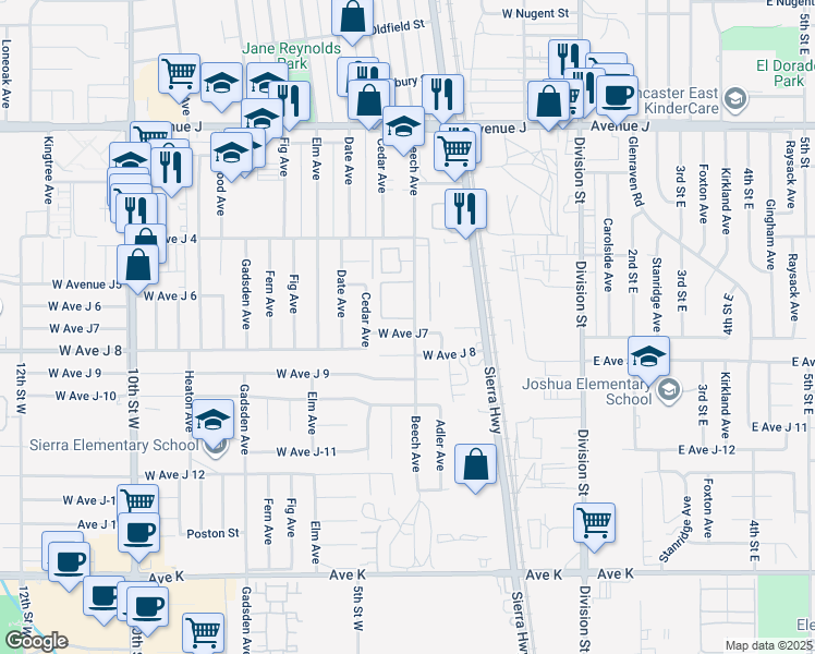 map of restaurants, bars, coffee shops, grocery stores, and more near 403 West Avenue J7 in Lancaster