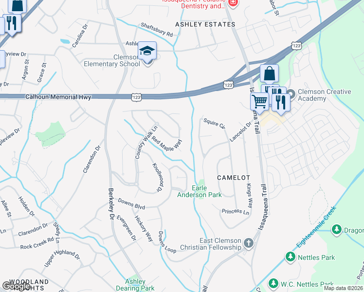 map of restaurants, bars, coffee shops, grocery stores, and more near 200 Red Maple Way in Clemson