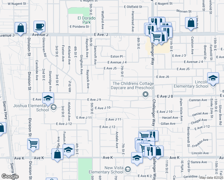 map of restaurants, bars, coffee shops, grocery stores, and more near 44022 Rodin Avenue in Lancaster