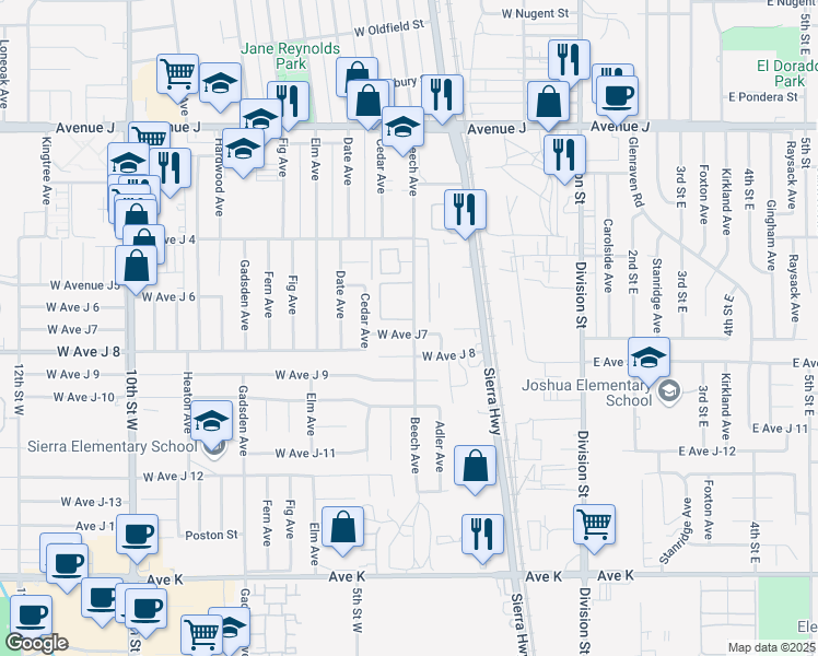 map of restaurants, bars, coffee shops, grocery stores, and more near 403 West Avenue J7 in Lancaster
