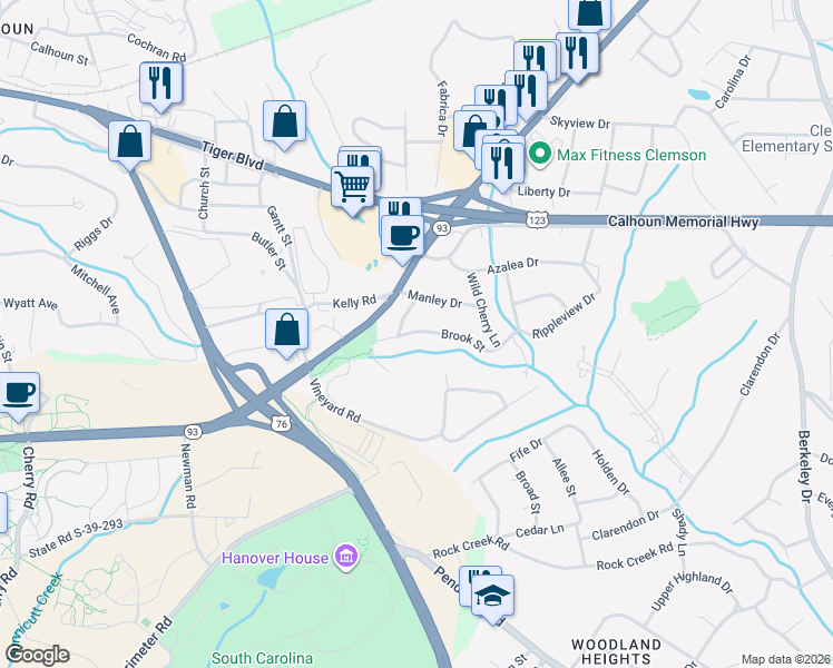 map of restaurants, bars, coffee shops, grocery stores, and more near 204 Brooks Street in Clemson