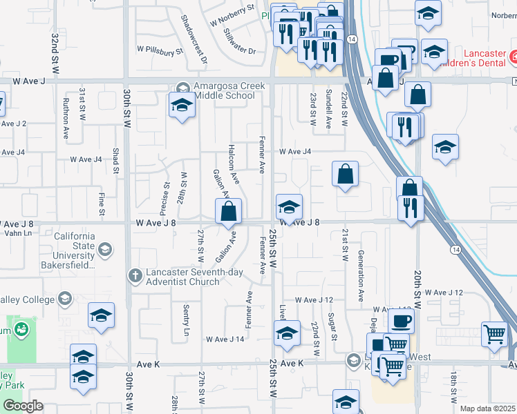 map of restaurants, bars, coffee shops, grocery stores, and more near 44021 Fenner Avenue in Lancaster