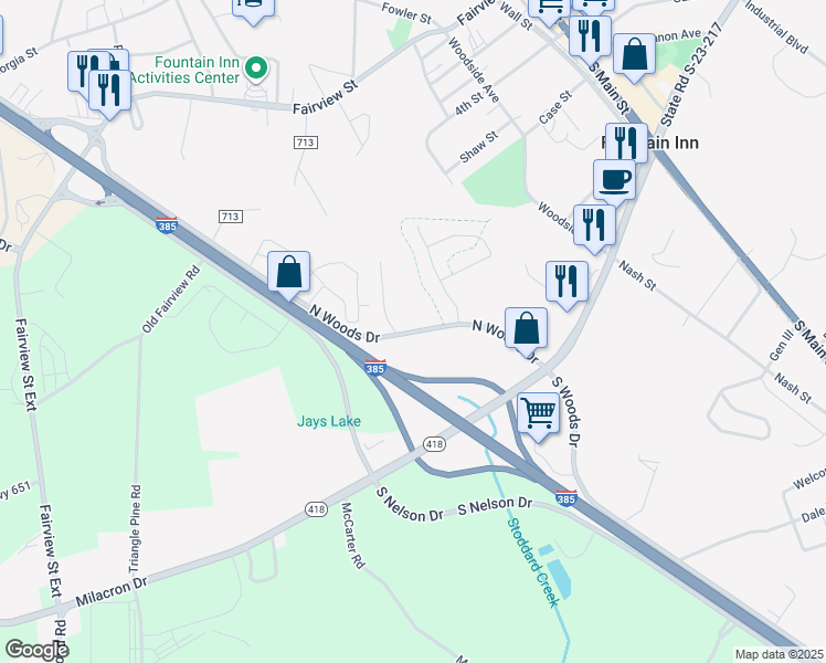 map of restaurants, bars, coffee shops, grocery stores, and more near 101 North Woods Drive in Fountain Inn