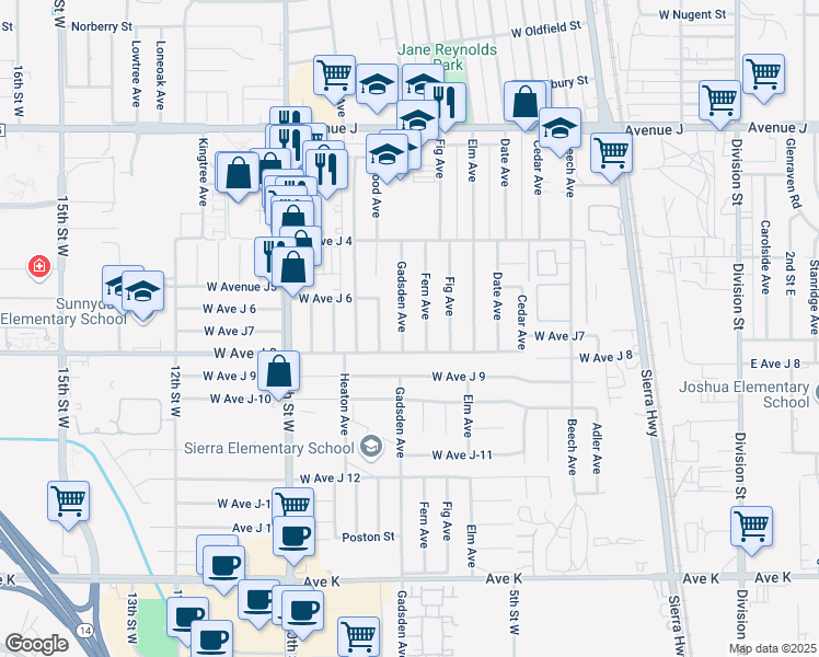 map of restaurants, bars, coffee shops, grocery stores, and more near 44024 Gadsden Avenue in Lancaster