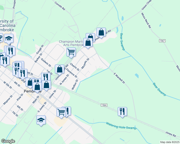 map of restaurants, bars, coffee shops, grocery stores, and more near 506 Russell Street in Pembroke