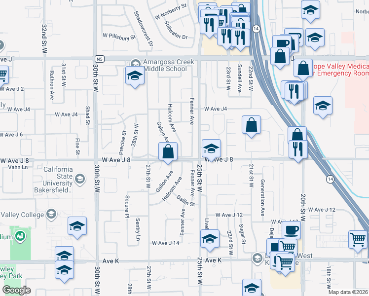 map of restaurants, bars, coffee shops, grocery stores, and more near 44020 Halcom Avenue in Lancaster