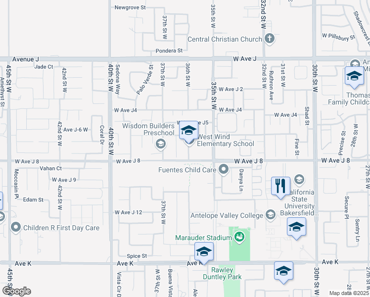 map of restaurants, bars, coffee shops, grocery stores, and more near 44027 36th Street West in Lancaster