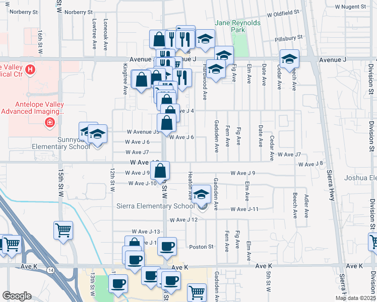 map of restaurants, bars, coffee shops, grocery stores, and more near 44026 Higbee Avenue in Lancaster