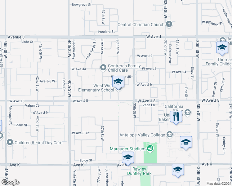 map of restaurants, bars, coffee shops, grocery stores, and more near 44027 36th Street West in Lancaster