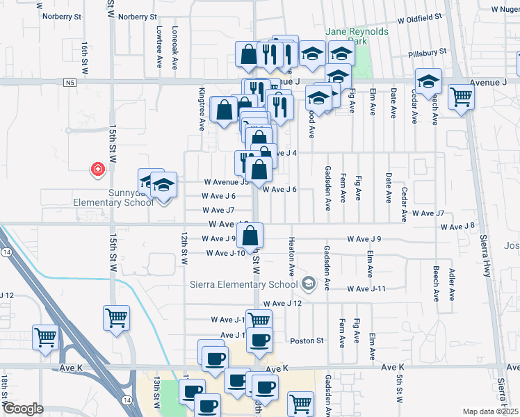 map of restaurants, bars, coffee shops, grocery stores, and more near 44026 10th Street West in Lancaster