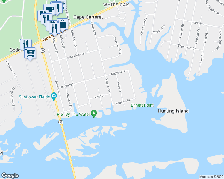 map of restaurants, bars, coffee shops, grocery stores, and more near 311 Yaupon Drive in Cape Carteret