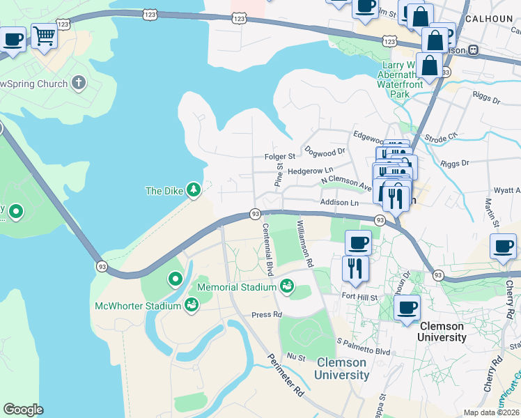 map of restaurants, bars, coffee shops, grocery stores, and more near 135 Old Greenville Highway in Clemson