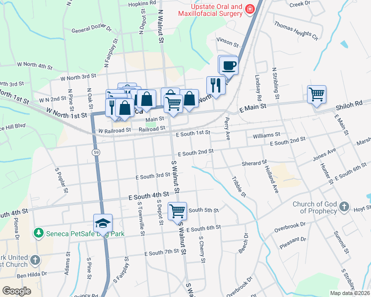 map of restaurants, bars, coffee shops, grocery stores, and more near 411 East South 1st Street in Seneca