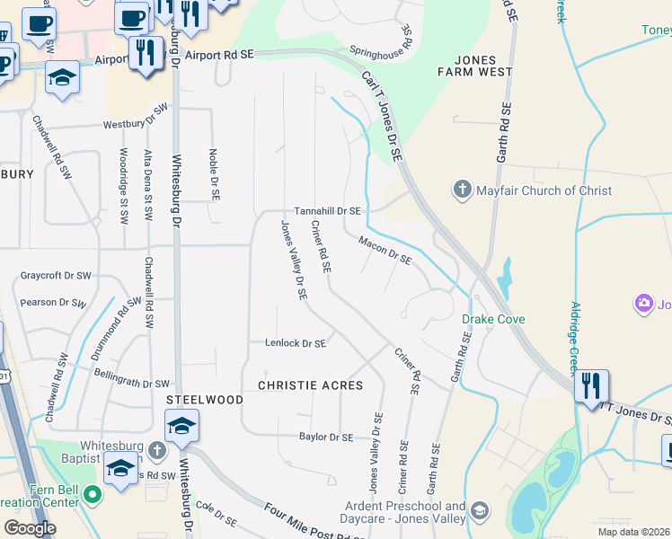 map of restaurants, bars, coffee shops, grocery stores, and more near 5813 Criner Road Southeast in Huntsville