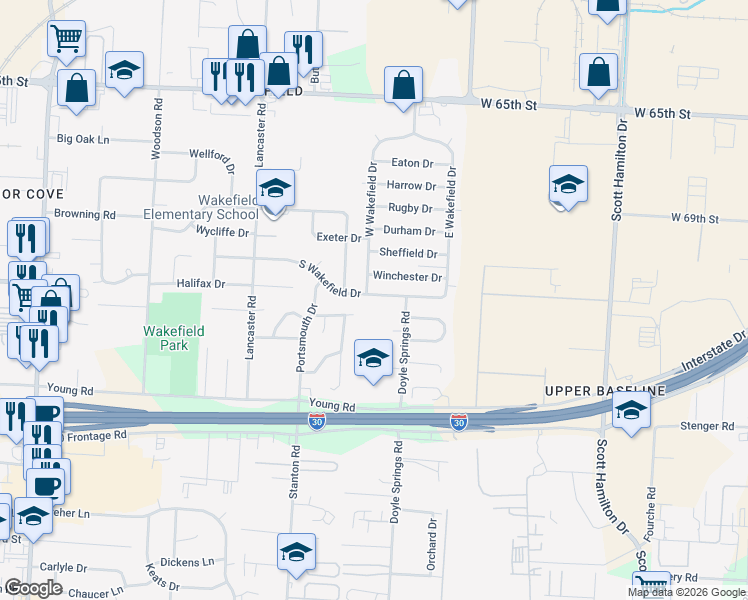 map of restaurants, bars, coffee shops, grocery stores, and more near 29 South Wakefield Drive in Little Rock