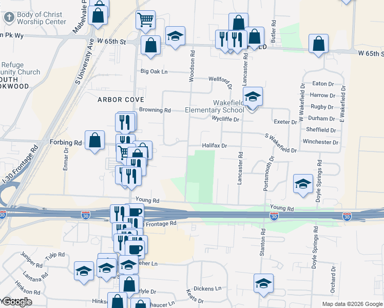 map of restaurants, bars, coffee shops, grocery stores, and more near 7301 Woodson Road in Little Rock