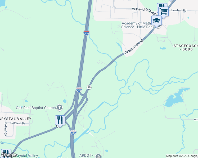 map of restaurants, bars, coffee shops, grocery stores, and more near 7521 Stagecoach Road in Little Rock