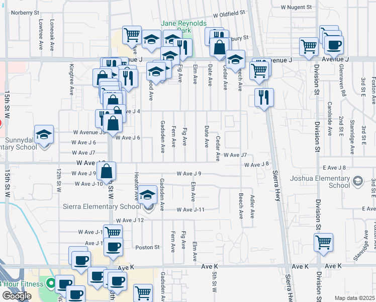 map of restaurants, bars, coffee shops, grocery stores, and more near 44026 Fig Avenue in Lancaster