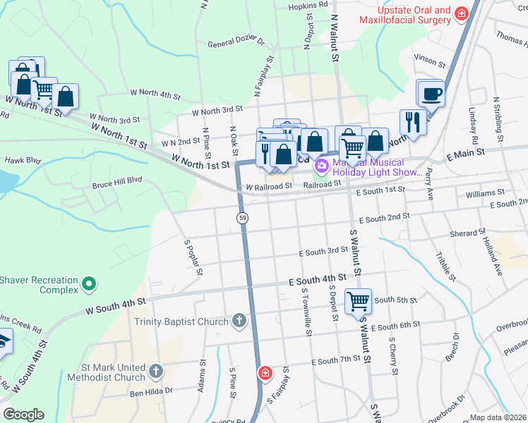 map of restaurants, bars, coffee shops, grocery stores, and more near 104 South Fairplay Street in Seneca