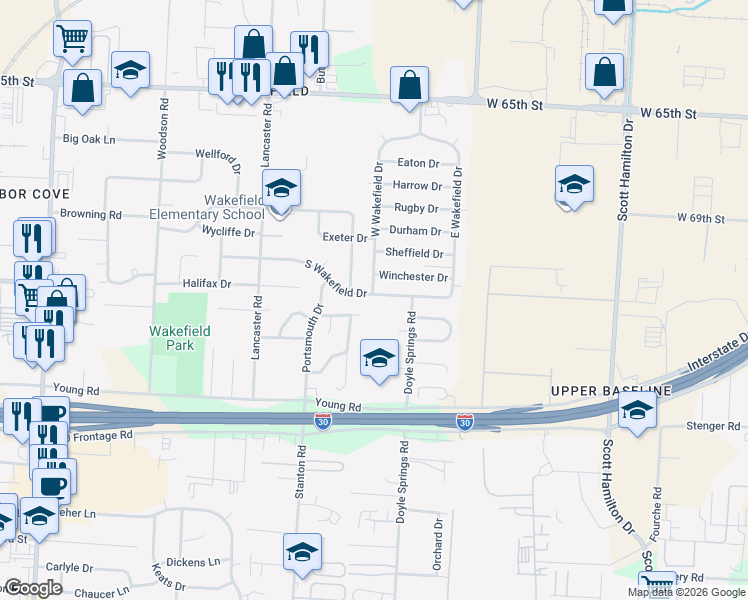 map of restaurants, bars, coffee shops, grocery stores, and more near 29 South Wakefield Drive in Little Rock
