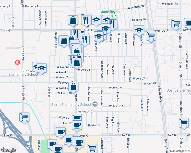 map of restaurants, bars, coffee shops, grocery stores, and more near 44027 Hardwood Avenue in Lancaster