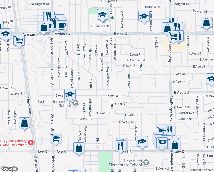 map of restaurants, bars, coffee shops, grocery stores, and more near 44013 Raysack Avenue in Lancaster