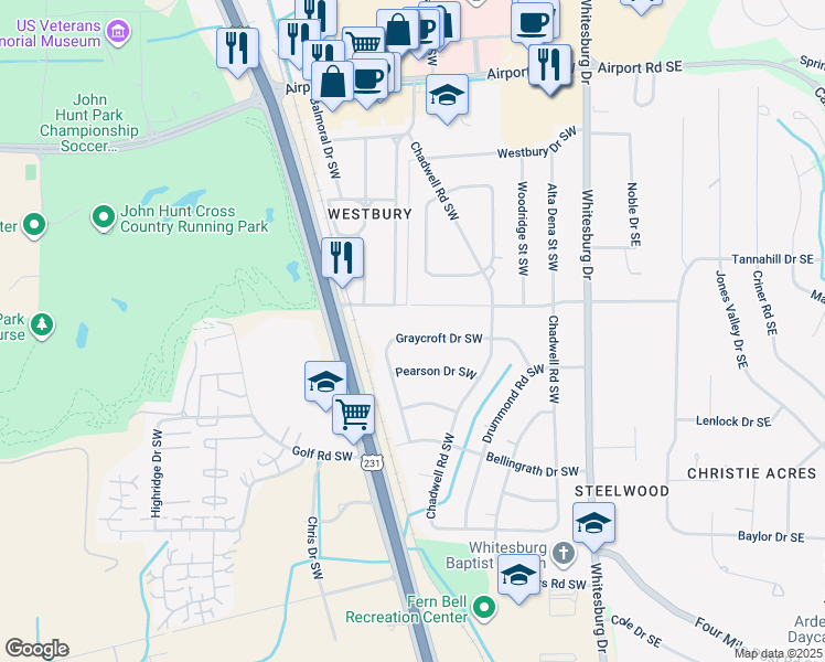 map of restaurants, bars, coffee shops, grocery stores, and more near 608 Graycroft Drive Southwest in Huntsville