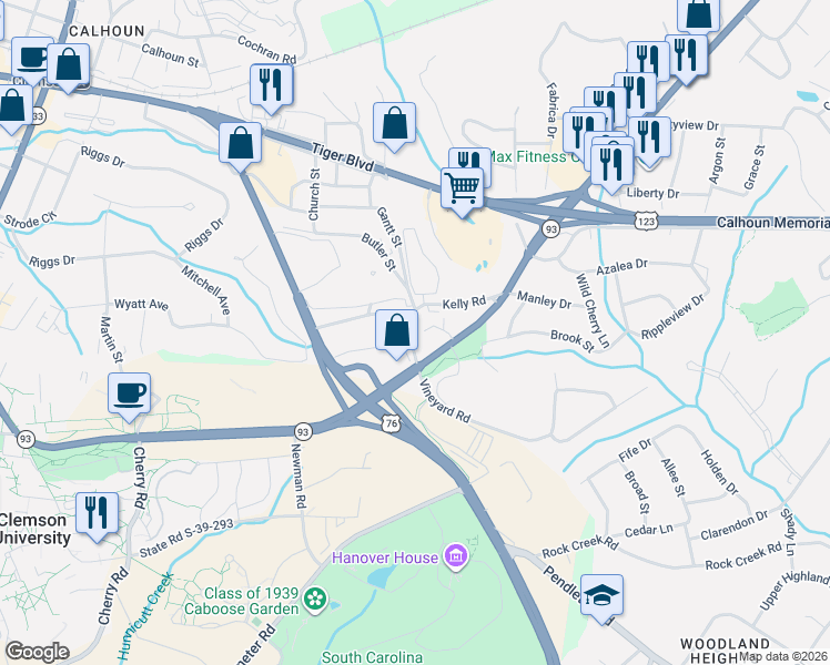 map of restaurants, bars, coffee shops, grocery stores, and more near 102 Kelly Road in Clemson