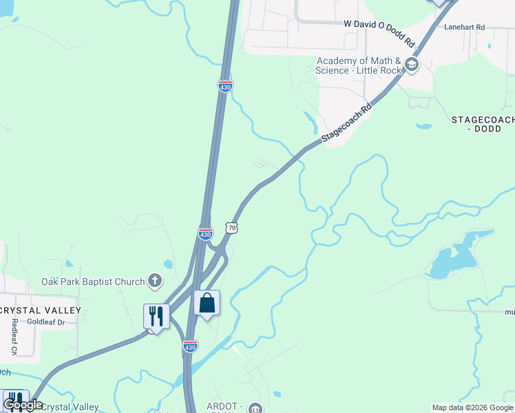 map of restaurants, bars, coffee shops, grocery stores, and more near 7521 Stagecoach Road in Little Rock