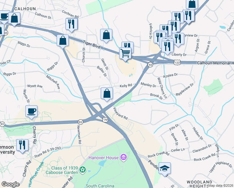 map of restaurants, bars, coffee shops, grocery stores, and more near 343 Old Greenville Highway in Clemson