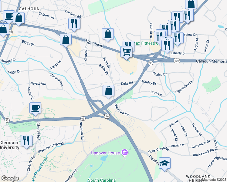 map of restaurants, bars, coffee shops, grocery stores, and more near 102 Kelly Road in Clemson