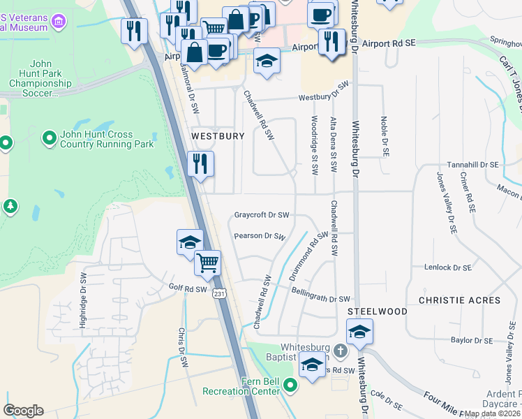 map of restaurants, bars, coffee shops, grocery stores, and more near 518 Graycroft Drive Southwest in Huntsville