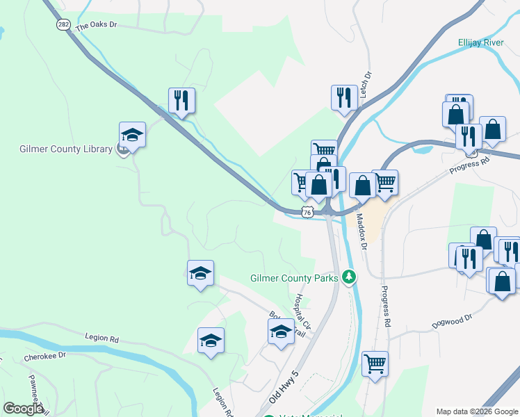map of restaurants, bars, coffee shops, grocery stores, and more near 95 Summit View Drive in Ellijay