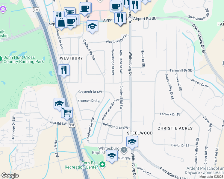 map of restaurants, bars, coffee shops, grocery stores, and more near 322 Graycroft Drive Southwest in Huntsville