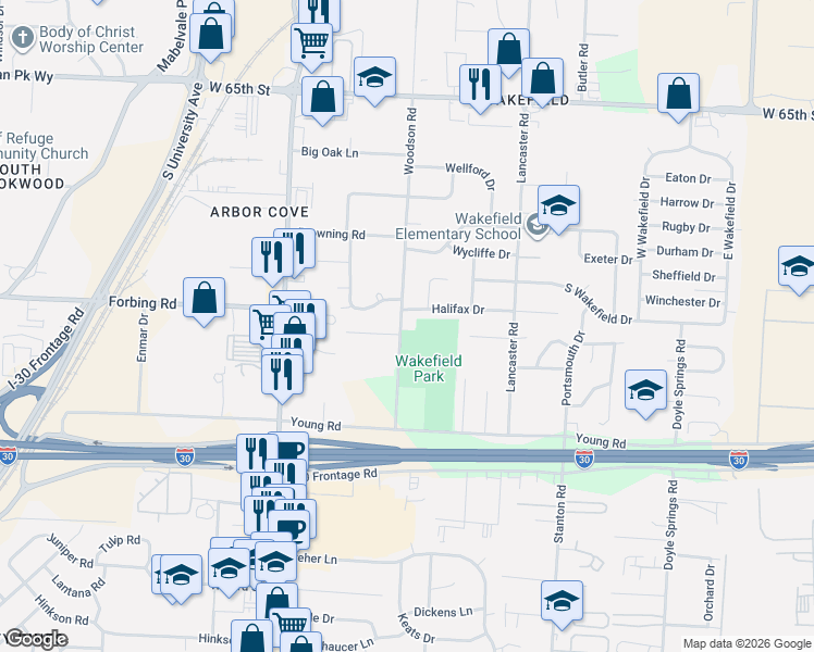 map of restaurants, bars, coffee shops, grocery stores, and more near 7301 Woodson Road in Little Rock