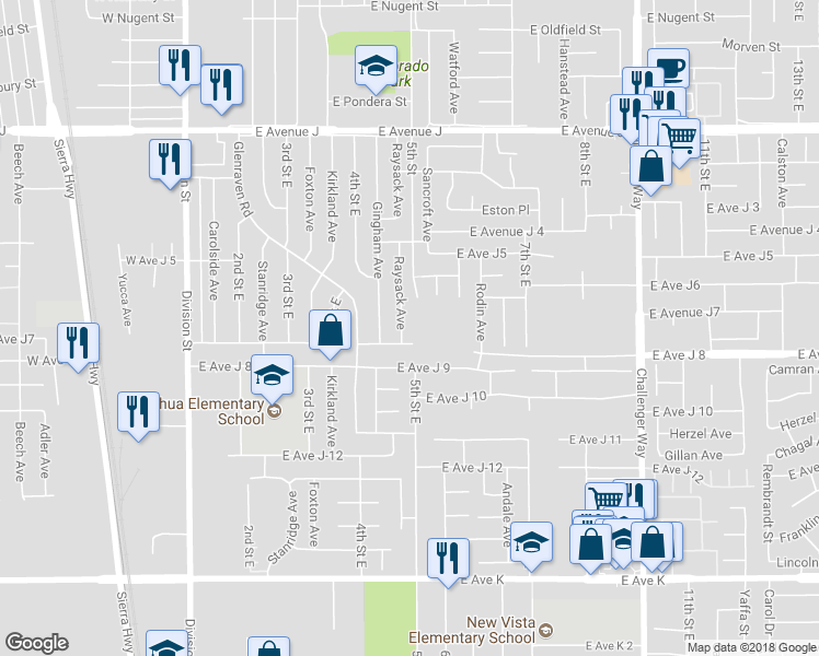map of restaurants, bars, coffee shops, grocery stores, and more near 44014 Raysack Avenue in Lancaster