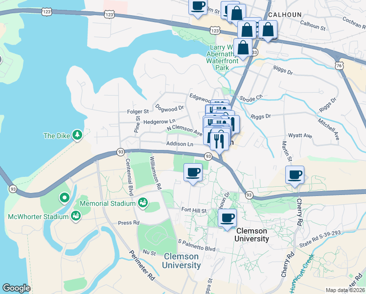 map of restaurants, bars, coffee shops, grocery stores, and more near 189 Old Greenville Highway in Clemson