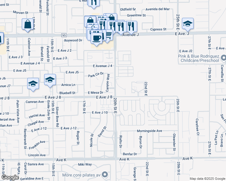 map of restaurants, bars, coffee shops, grocery stores, and more near 1849 East Mesa Drive in Lancaster