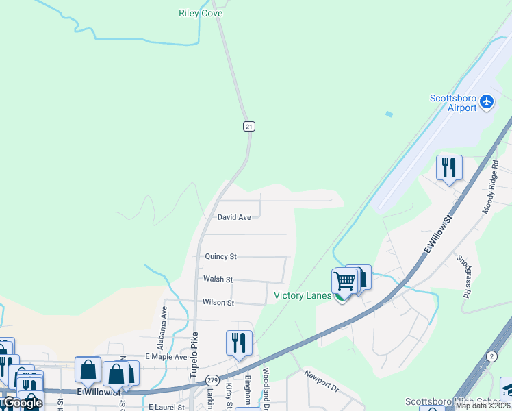 map of restaurants, bars, coffee shops, grocery stores, and more near 516 Forrest Avenue in Scottsboro
