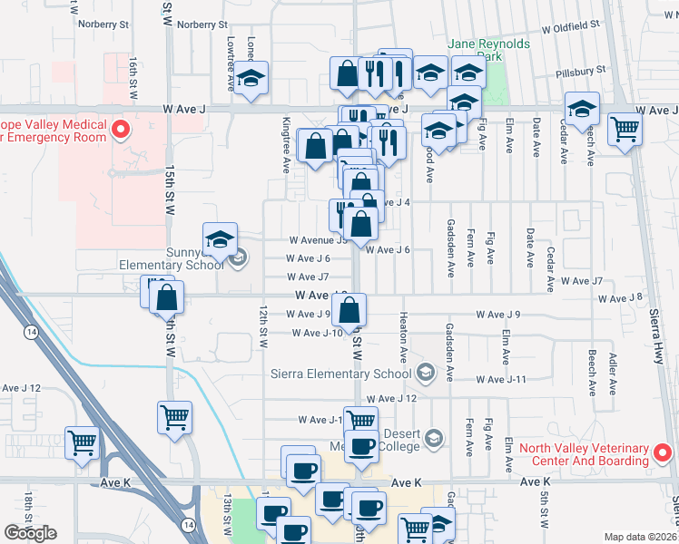 map of restaurants, bars, coffee shops, grocery stores, and more near 1015 West Avenue J7 in Lancaster