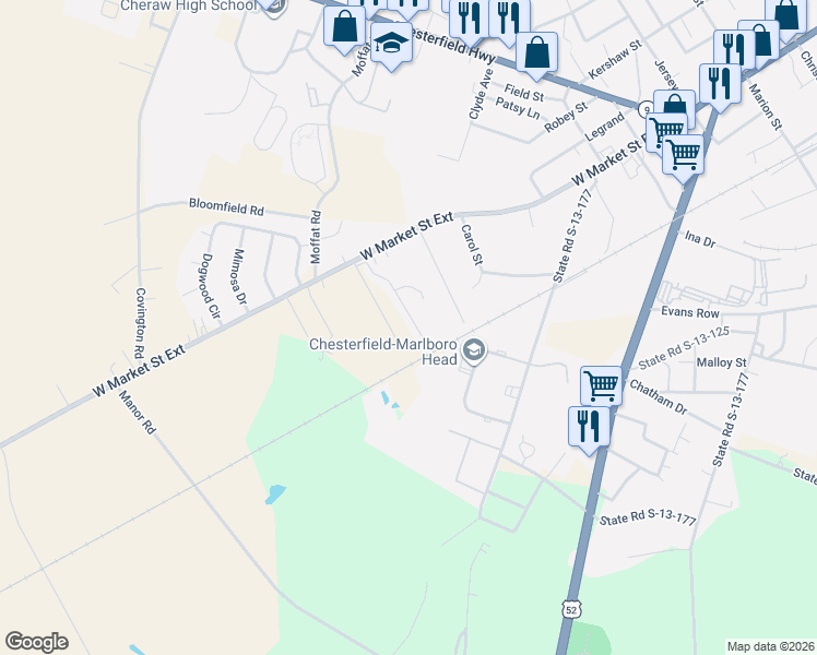 map of restaurants, bars, coffee shops, grocery stores, and more near 86 Chapman Drive in Cheraw