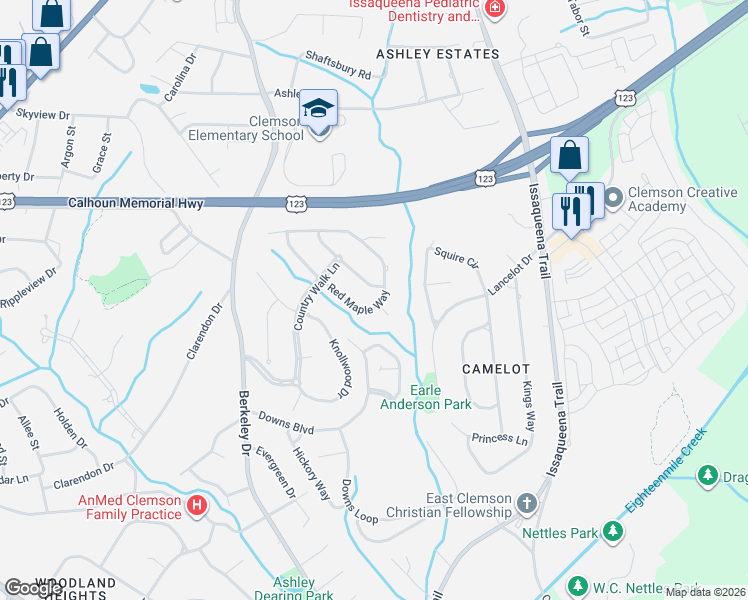 map of restaurants, bars, coffee shops, grocery stores, and more near 109 Red Maple Way in Clemson