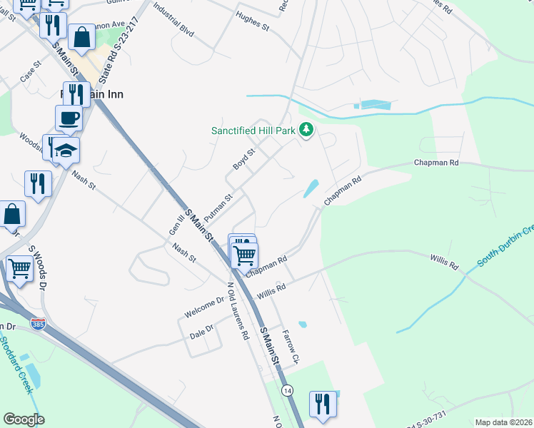 map of restaurants, bars, coffee shops, grocery stores, and more near 103 Lakeview Drive in Fountain Inn