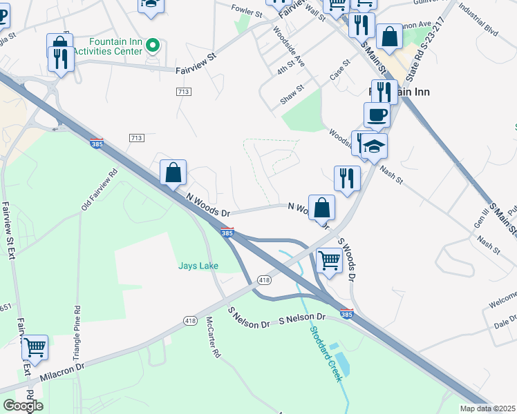 map of restaurants, bars, coffee shops, grocery stores, and more near 101 North Woods Drive in Fountain Inn