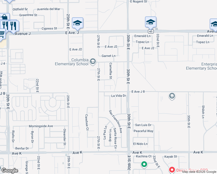 map of restaurants, bars, coffee shops, grocery stores, and more near 44017 Camellia Street in Lancaster