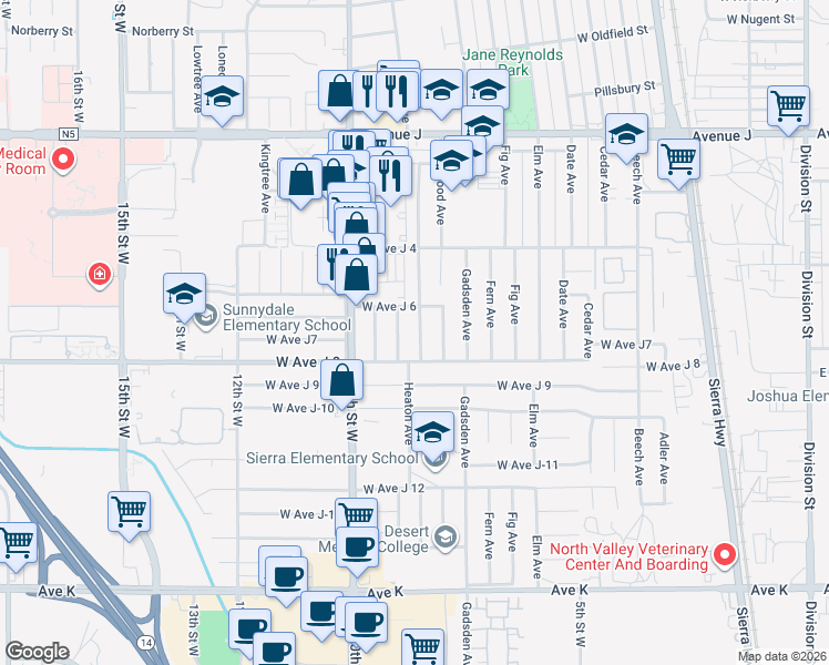 map of restaurants, bars, coffee shops, grocery stores, and more near 44026 Higbee Avenue in Lancaster
