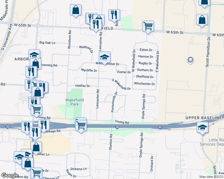 map of restaurants, bars, coffee shops, grocery stores, and more near 5011 Halifax Drive in Little Rock
