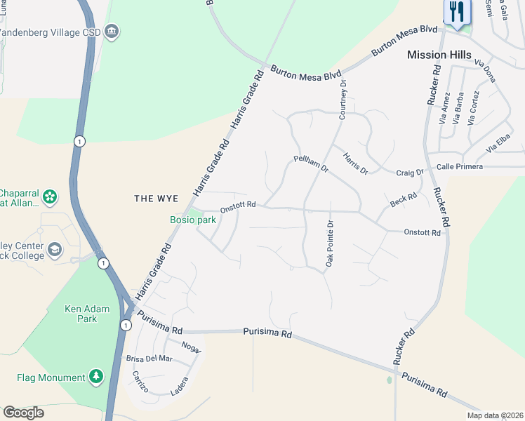 map of restaurants, bars, coffee shops, grocery stores, and more near 832 Onstott Road in Lompoc