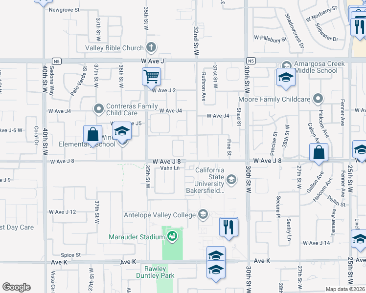map of restaurants, bars, coffee shops, grocery stores, and more near 3230 West Avenue J 6 in Lancaster