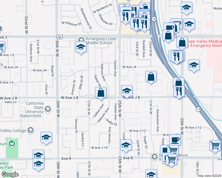 map of restaurants, bars, coffee shops, grocery stores, and more near 44020 Halcom Avenue in Lancaster